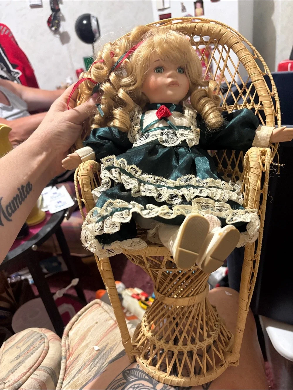 Porcelain Doll in Dark Green Lace Dress - Decorative Home Accent